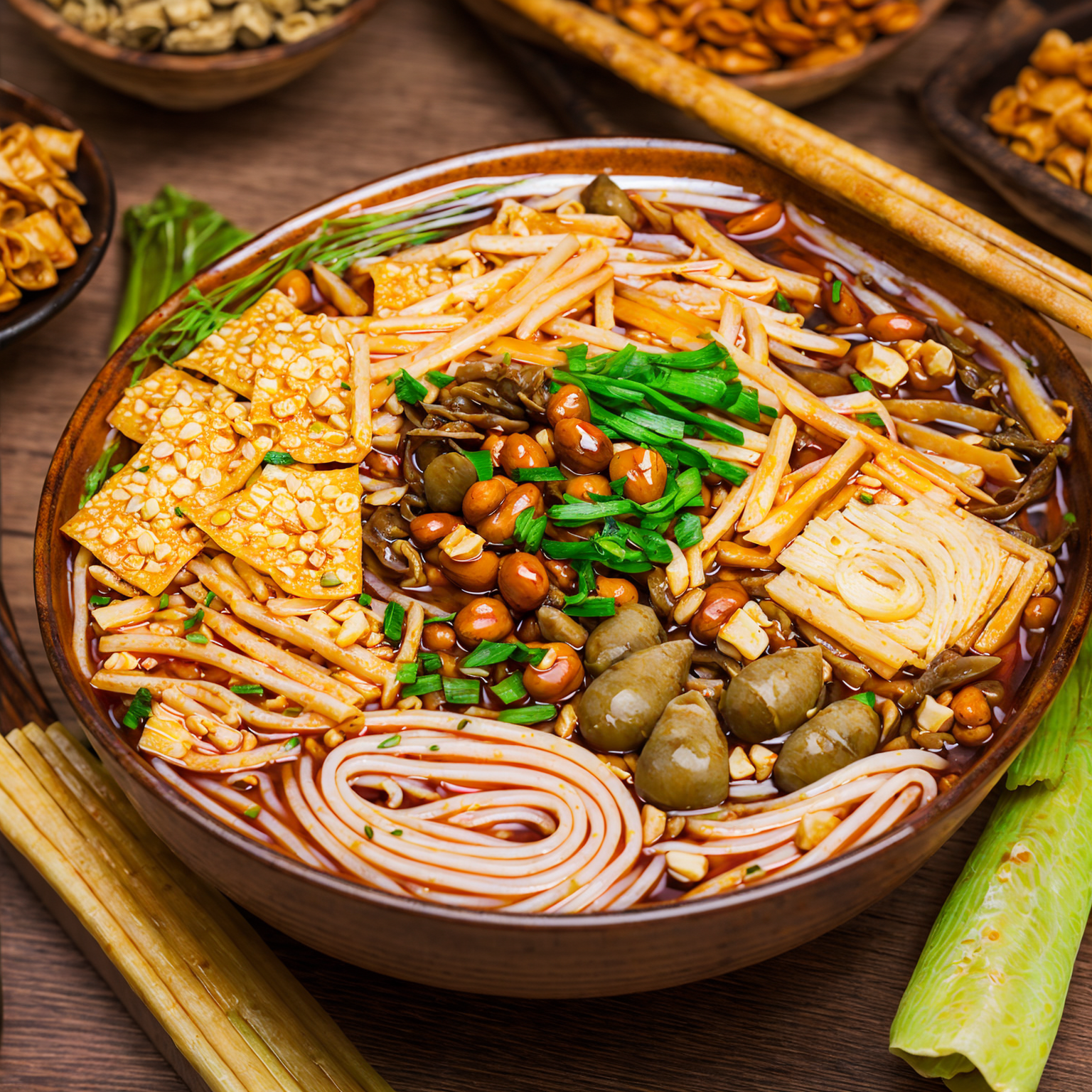 08423-506850126-LUOSIFEN, no humans, food focus, still life, food, vegetable, realistic, bowl, noodles, peanuts,bamboo shoots, dried tofu skin.png